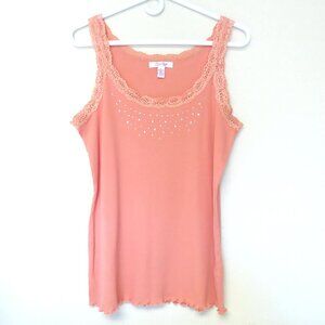 2000s Y2K Vintage peach lace trim rhinestone detail ribbed tank top size XL